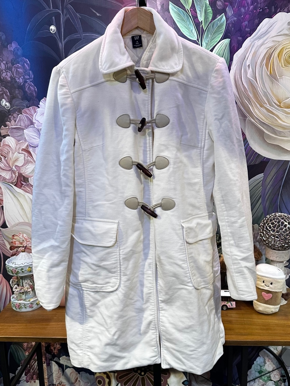 Gap M Tall White Duffle Coat Removable Quilted Vest 2pc Toggle Preppy Classic